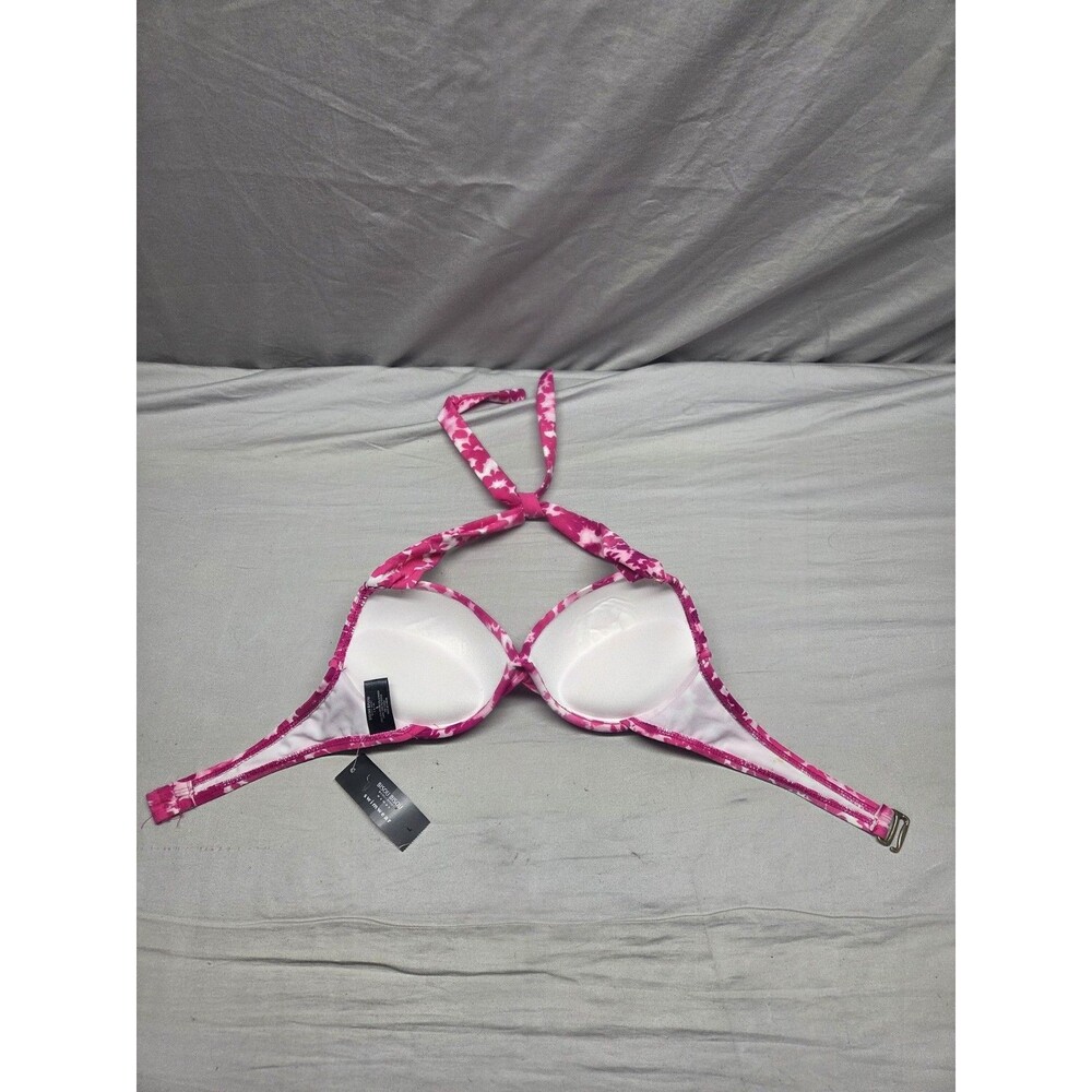 Bisou Bisou Pink/White Floral Halter Padded Lined Bikini Top 34D Sz L - Picture 4 of 8